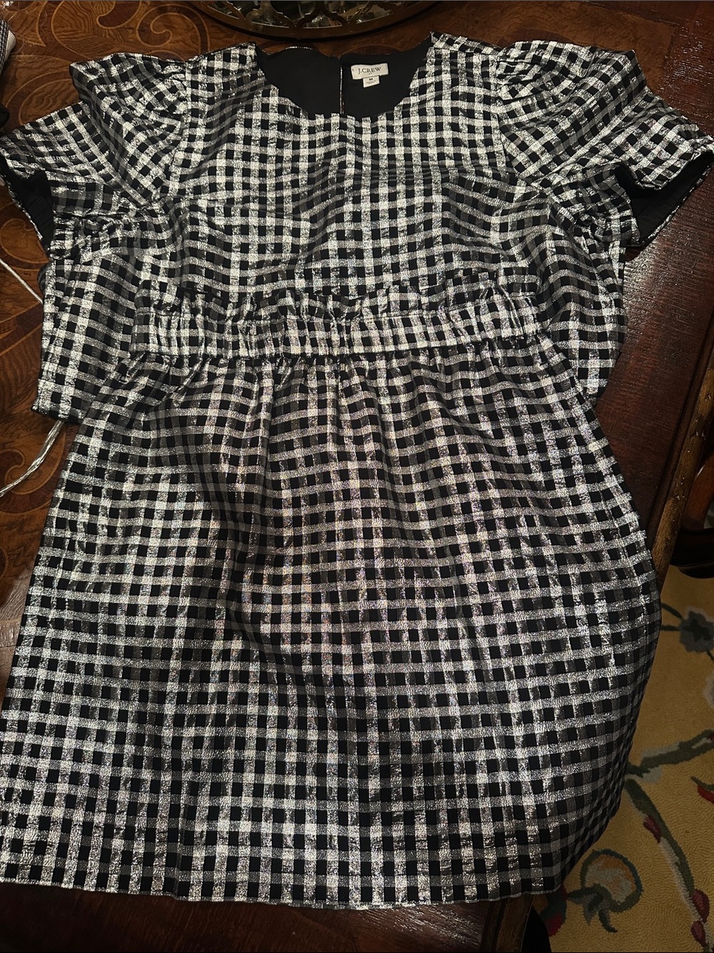 J. Crew Black and Silver Gingham Peplum Dress